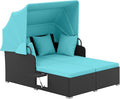Tangkula Patio Rattan Daybed with Retractable Canopy, Patiojoy Wicker Sun Lounger with 2 Foldable Side Panels, Thick Seat & Back Cushions, for Garden, Backyard, Porch (Turquoise)