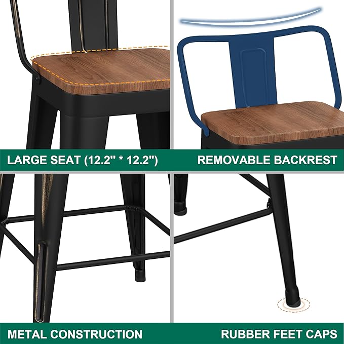 WENTMENT Bar Stools Set of 4 Counter Height Bar Stools Metal Barstools with Removable Back 30" Kitchen Bar Stools with Wooden Seat, Distressed Black