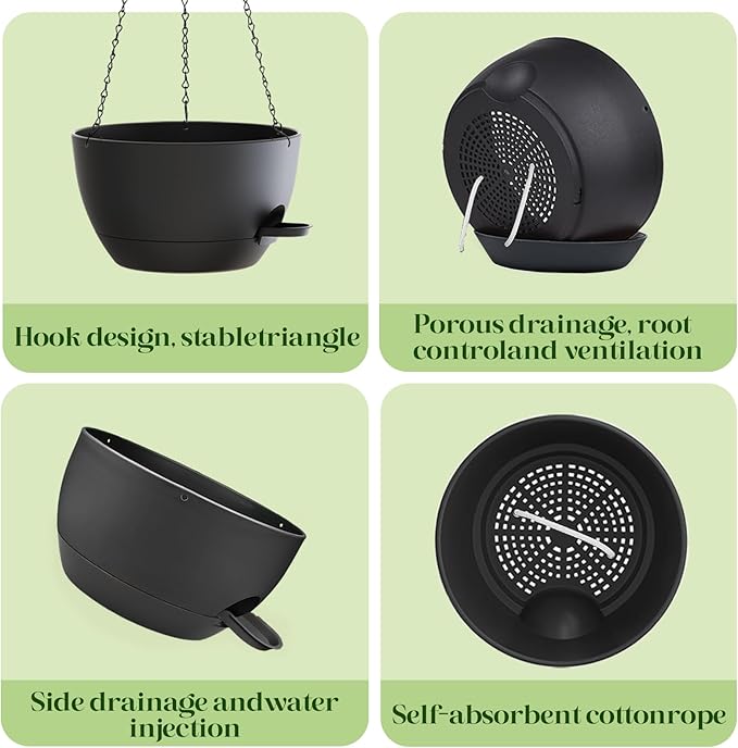 2 Pack 10 Inch Self Watering Hanging Planters for Indoor Plants, Large Black Plastic Hanging Pots with Chains for Outdoor Patio Garden Home Decor (Black)