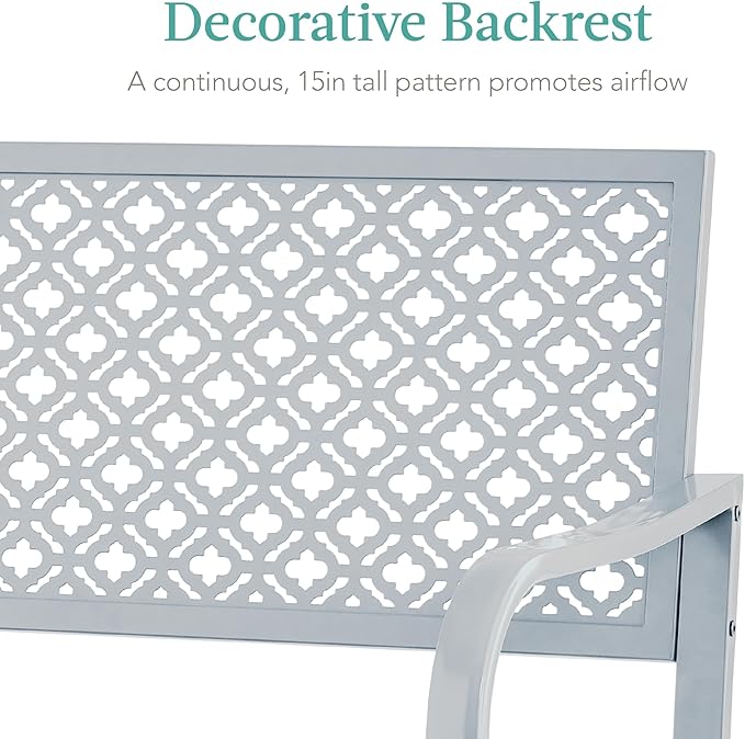 Best Choice Products Outdoor Bench 2-Person Metal Steel Benches Furniture for Garden, Patio, Porch, Entryway w/Geometric Backrest, 790lb Capacity - Light Gray