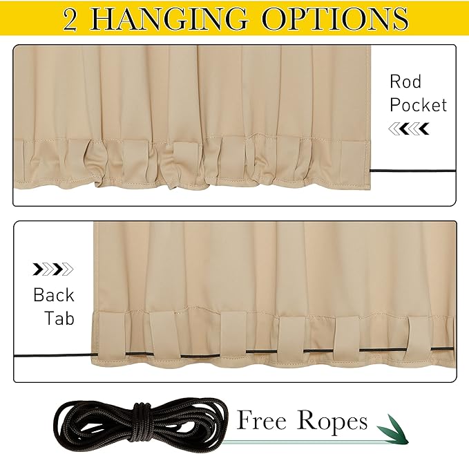 NICETOWN 2 Panels Biscotti Beige Privacy Outdoor Curtains for Patio, Waterproof Thermal Insulated Grommet & Back Tab on Top and Bottom Windproof Drapes with Fixed Rope for Porch, W52 x L120