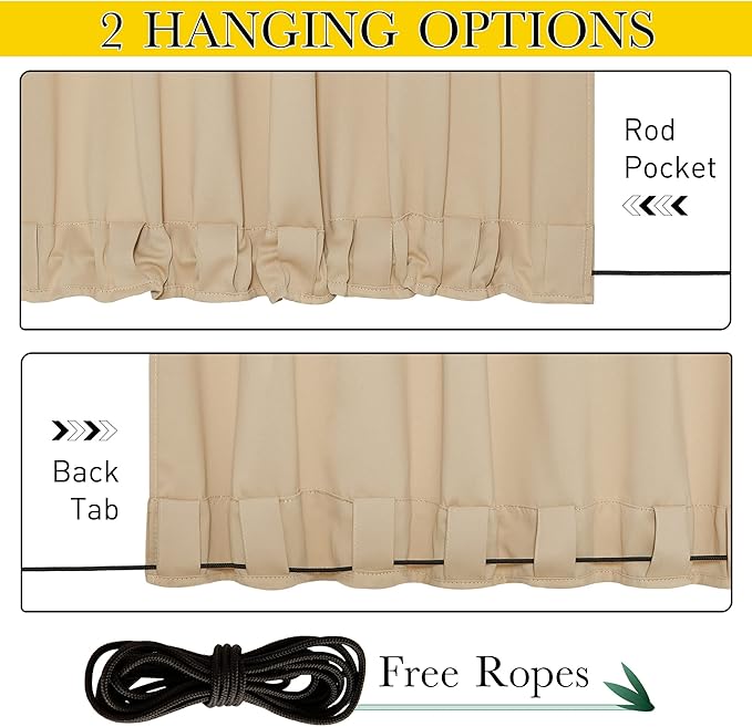 NICETOWN 2 Panels Outdoor Patio Curtains Windproof & Waterproof, Top & Bottom Grommet & Back Tab Light Blocking Thermal Drapes Privacy for Yard/Porch with Ropes for Fixed, Biscotti Beige, W46 x L63