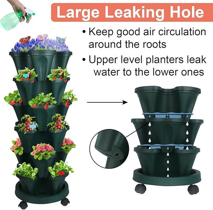 GameXcel Vertical Planter, 6 Tier Stackable Strawberry Planter with Garden Tool Set, Movable Indoor/Outdoor Garden Herb Pot for Growing Vegetables and Succulents, Green