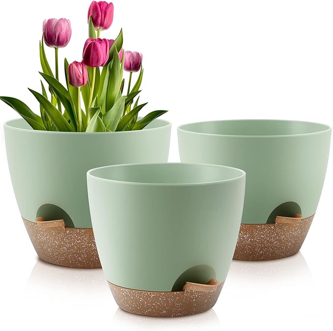 Plant Pots 10/9/8 Inch Self Watering Pots, Set of 3 Plastic Planters with Drainage Holes and Saucers,Plastic Flower Pots,Nursery Planting Pot for Indoor Out Door Plants（Green）