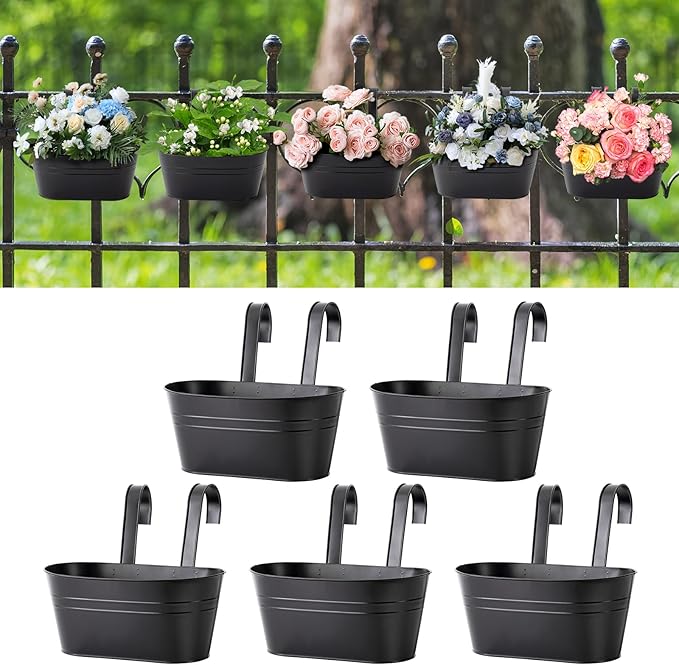 5 Pcs Iron Hanging Flower Pots 11 Inch Hanging Planters for Outdoor Plants Metal Hanging Bucket Pots Iron Railing Fence Planter with Drainage Holes and Hooks for Porch Railing Balcony Fence(Black)