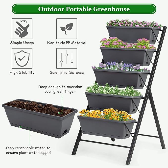Giantex Vertical Raised Garden Bed, Elevated Planter Raised Beds with Water Drainage, Freestanding 5 Container Boxes for Vegetables and Flowers Growing, Outdoor Indoor Patio Balcony