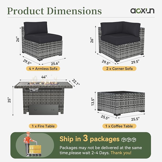 Aoxun 8 Piece Patio Furniture Set with 44'' Fire Pit Table Wicker Rattan Patio Conversation Set Outdoor Sectional Sofa Set with Coffee Table, Grey/Black (Waterproof Cover Included)