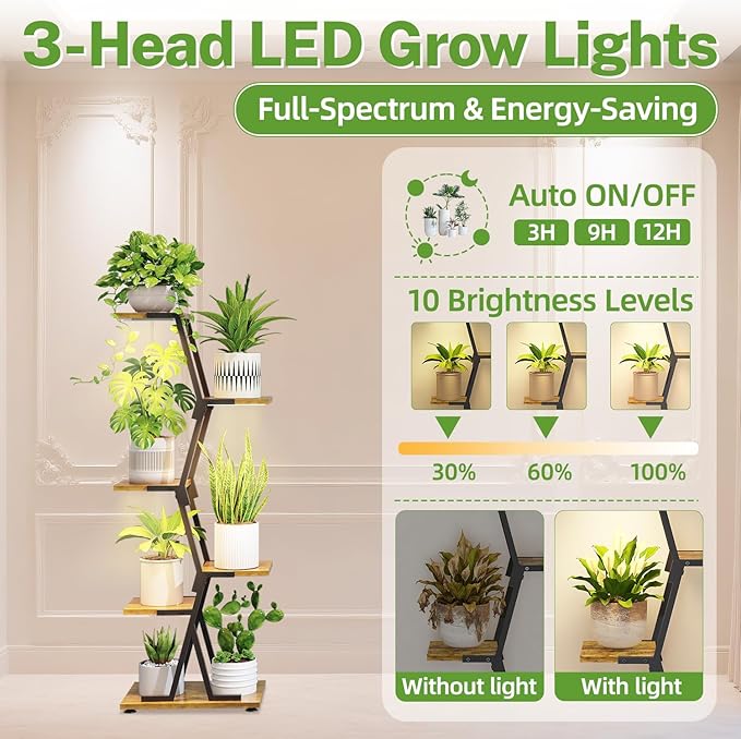 iDavosic.ly 5 Tier Indoor Plant Stand with Grow Light, Corner Tall Metal & Wood Flower Shelf, Orchid Display Rack for Living Room Balcony, Space Saving & Multifunctional Display, Black & Brown
