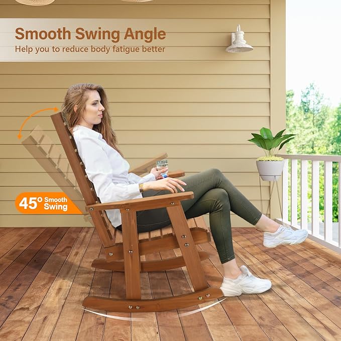 VINGLI Wooden Rocking Chair with High Backrest, Solid Fir Wood, Heavy Duty 600 LBS Patio Rockers for Indoor and Outdoor, Garden, Yard, Patio