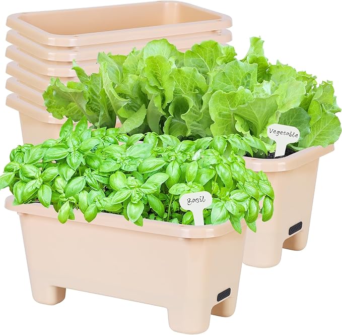 Self-Watering Rectangle Planter Boxes 8-Pack, 15.7-Inch Window Box Planter with Drainage Holes & Trays, Pots for Vegetables, Herbs, Flowers, Garden Windowsill Balcony (Yellow)