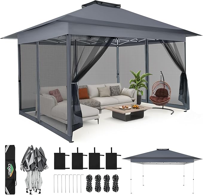 C0BIZI Gazebo 10x15 Pop up Canopy,Gazebos on Clearance-Canopy Tent with Mosquito Netting for Lawn,Garden,Backyard & Patio-Outdoor Tent-Water Resistant and UPF50+ (Gray)