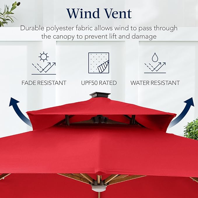 Best Choice Products 10ft Square Cantilever Patio Umbrella w/Base Included, Woodgrain Pattern Pole & Solar LED Lights, 360-Rotation, Offset Hanging Outdoor Shade - Red