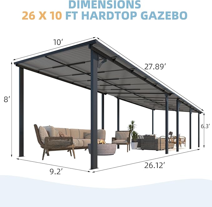 AECOJOY 10' x 28' Gazebo for Patio, Large Wall-Mounted Hard Top Lean-to Gazebo Pergola with Roof 28' x 10' on Clearance, Heavy Duty Patio Awnings for Decks, Backyard