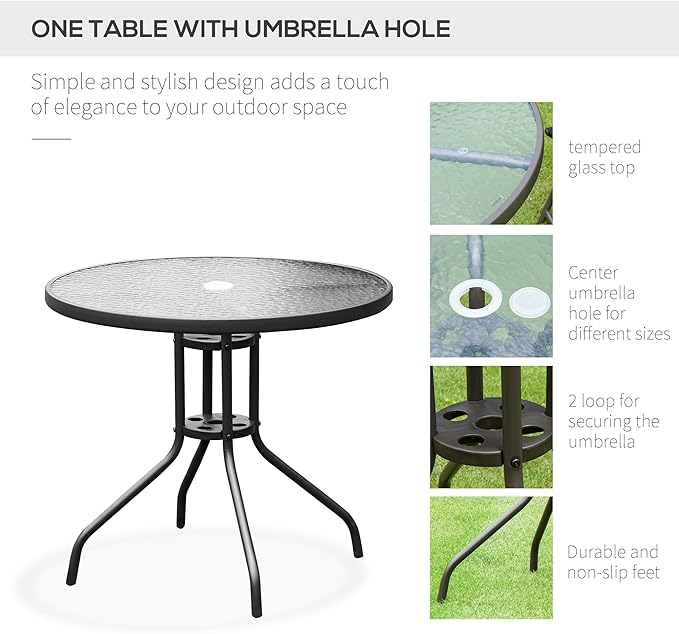 Outsunny 6 Piece Patio Dining Set for 4 with Umbrella, Outdoor Table and Chairs with 4 Folding Dining Chairs & Round Glass Table for Garden, Backyard and Poolside, Black and Coffee