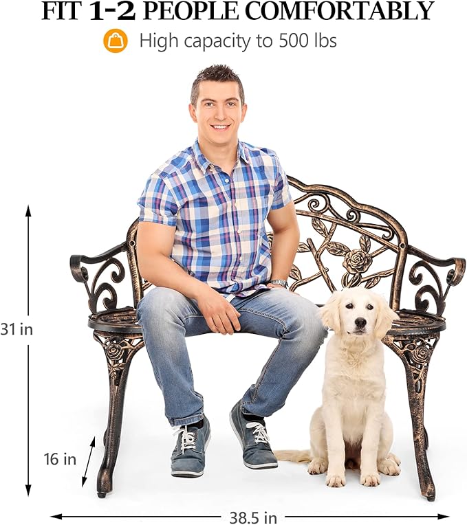 VINGLI 38.5" Patio Park Garden Outdoor Metal Rose Bench, 2-Person Cast Iron Cast Aluminium Frame Antique Finish Chair,Accented Lawn Front Porch Path Yard Decor Deck Furniture (Bronze, Rose)