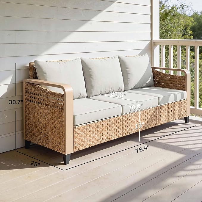 Outsunny Outdoor Patio Couch with Wide and Deep Seat, 3 Seater Wicker Outdoor Sofa with Wide Metal Armrests, Patio Furniture Couch with Cushions for Porch, Garden, Backyard, Beige | Removable Covers