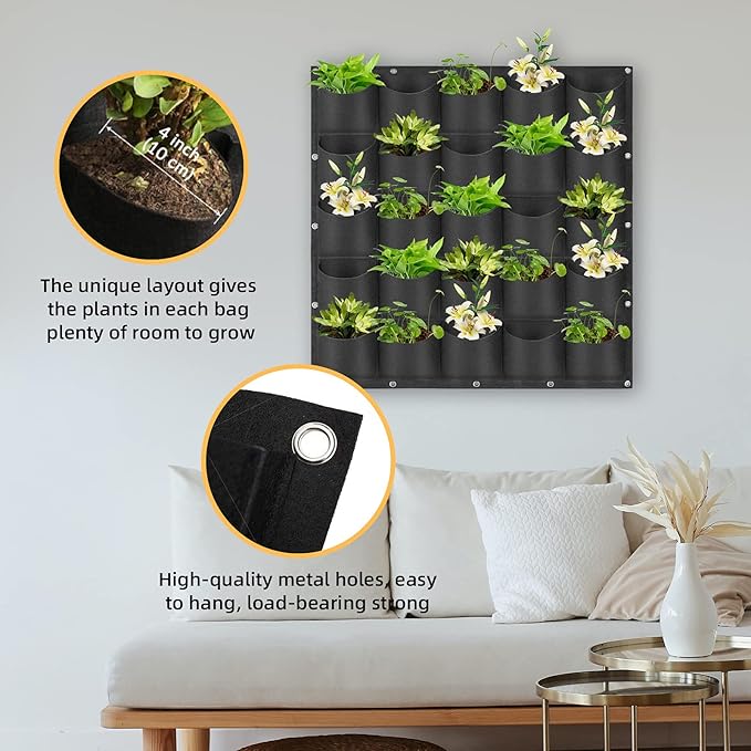 Hanging Planting Grow Bags, 25 Pockets Hanging Vertical Wall Planter Wall Mounted Grow Bag Outdoor Indoor Gardening Vertical Greening Flower Container, Planting Bags Storage Bags(1.0 m × 1.0 m, Black)