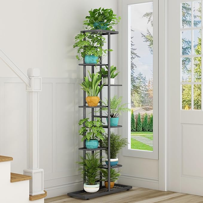 LINZINAR Plant Stand Indoor Outdoor Metal 8 Tier 9 Potted Multiple Flower Pot Holder Shelf Indoor Outdoor Planter Display Shelving Unit for Patio Garden Corner Balcony Living Room