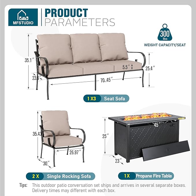 MFSTUDIO 5 Seats Large Metal Patio Conversation Sets, 4 Pieces Outdoor Sectional Furniture Sofa with 2 x Fixed Chairs, 1 x 3-seat Sofa and 1 x 45 inches Rectangular Propane Fire Pit Table