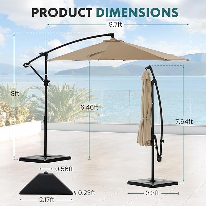 OLIXIS 9.7FT Offset Patio Umbrella with Base, Cantilever Table Umbrellas for Outdoor Sun Shade UV Protection with Easy Tilt Adjustment, 8 Ribs for Backyard, Lawn, Garden, Pool - Khaki
