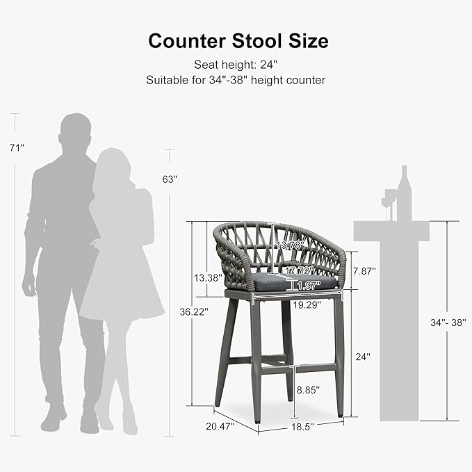 PURPLE LEAF Outdoor Rattan 24" Counter Height Bar Stools Chair Set of 2, Modern Patio Wicker Barstool with Backrest for Indoor and Outdoor, Kitchen Island, Smoke Grey