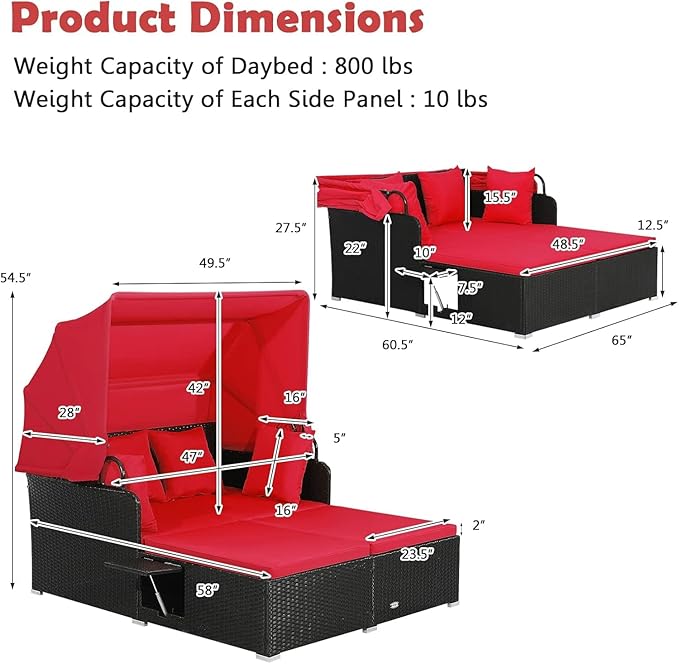 Tangkula Patio Rattan Daybed with Retractable Canopy, Outdoor Wicker Sunbed Lounger with 2 Foldable Side Tables, Thick Seat & Back Cushions, Outside Double Daybed for Garden, Backyard, Porch, Red