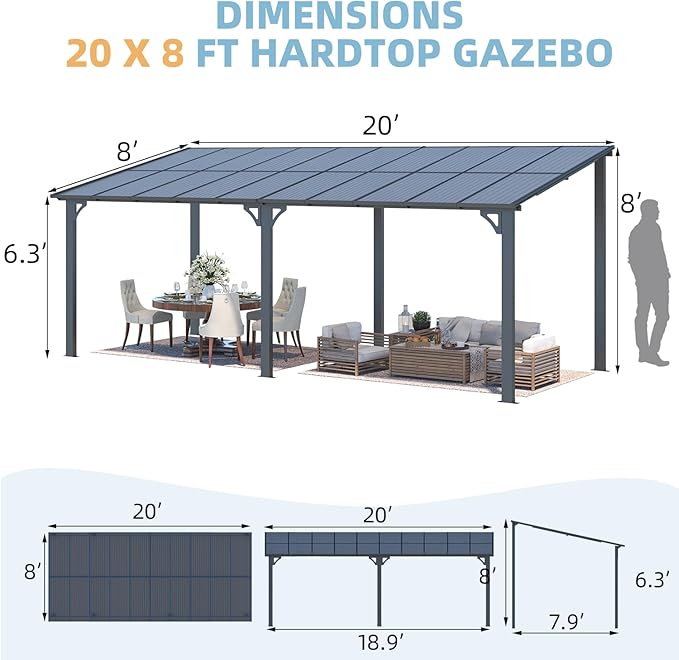 AECOJOY 20' x 8' Outdoor Gazebo for Patio, 8x20 Large Wall-Mounted Hard Top Lean to Metal Gazebo Shelter Pergolas and Gazebos Clearance with Patio Roof, Heavy Duty Awnings for Patio, Decks