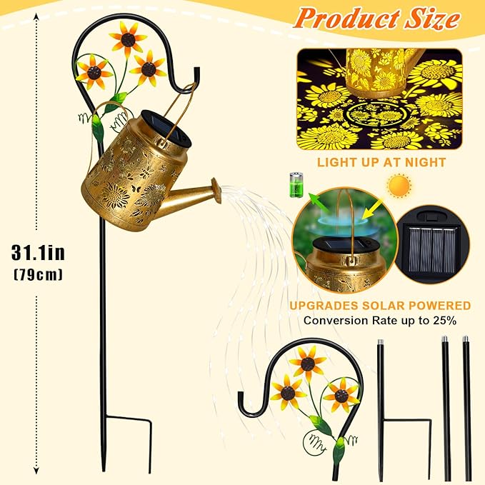 Sunflower Solar Watering Can Lights, Outdoor Waterproof Garden Lanterns with Shepherd Hook, Solar Garden Decor for Yard Outdoor Landscape Pathway, Gift for Women Mom Grandma, 2 Pack