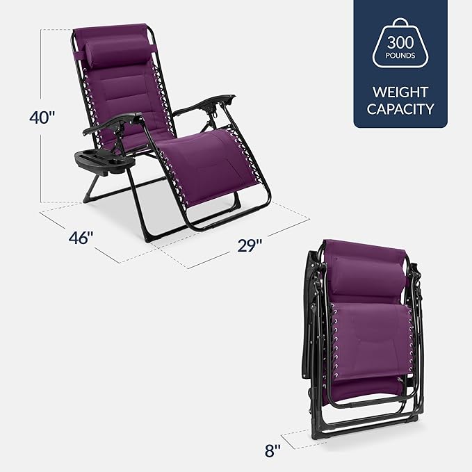Best Choice Products Oversized Padded Zero Gravity Chair, Folding Outdoor Patio Recliner, XL Anti Gravity Lounger for Backyard w/Headrest, Cup Holder, Side Tray, Polyester Mesh - Amethyst Purple