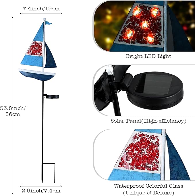 Solar Garden Lights Sailboat Stake Decor-Yard Outdoor Statue Decorations Waterproof 5 LED Metal Landscape Lighting Flower Bed,Pond,Yard,Lawn Gift for Mom Grandma Women