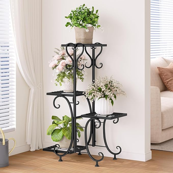 Plant Stand Indoor Outdoor Shelf 4Tier Metal Holder Pot Rack Multiple Plants Stand Tall Flower Shelf Corner Living Room Garden,Black (Black, 4 Pots)