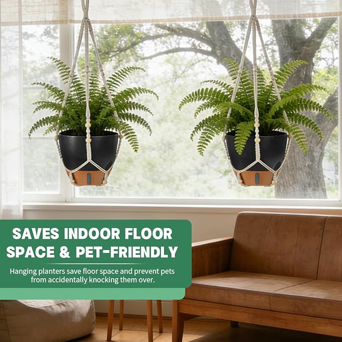 Self-Watering Hanging Planters for Indoor Plants Set 2-Piece Includes Plant Hanging Pot, Drainage-Hole Hanging Pot, and Hanging Basket Rack (10 Inches, Black)