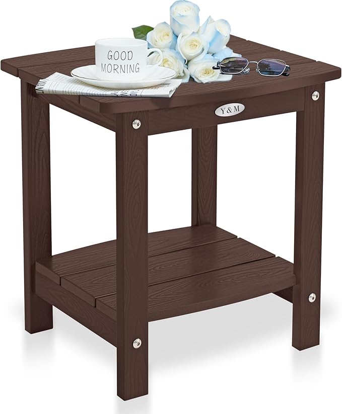 Y&M Outdoor Side Table, HIPS Adirondack Small Double Layer Table, Waterproof Square Outside Table, Balcony End Tables for Patio, Pool, Porch, Deck, Indoor or Outdoor Use, Coffee