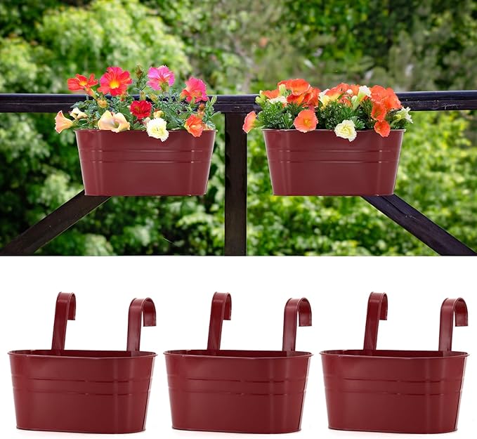 3 Pack Metal Railing Planters, 10.5" Oval Hanging Flower Pots with Detachable Hooks & Drainage Holes, Fits Rails up to 2.36", Galvanized Iron Fence Bucket for Balcony Garden Patio - Red