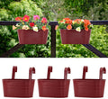 3 Pack Metal Railing Planters, 10.5" Oval Hanging Flower Pots with Detachable Hooks & Drainage Holes, Fits Rails up to 2.36", Galvanized Iron Fence Bucket for Balcony Garden Patio - Red