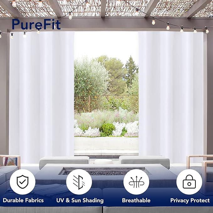 PureFit Outdoor Curtains for Patio Waterproof Weatherproof, UV Resistant Outside Curtains for Gazebo, Front Porch, Pergola, Sun Blocking Privacy Curtain, 52W x 95L inch, Set of 2, White