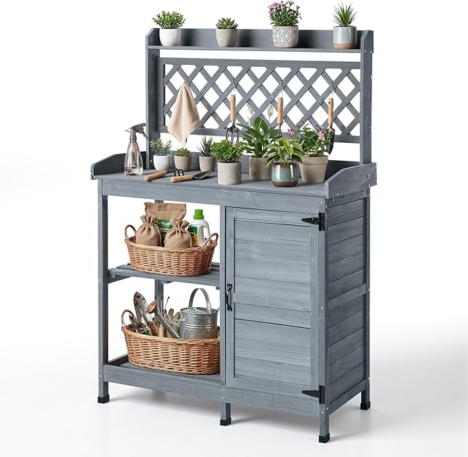 VEVOR Potting Bench Table, Outdoor Gardening Wooden Workstation with Storage Cabinet, Storage Shelves, 43 x 18 in Wood Tabletop, Garden Planting Work Station for Patio, Backyard, Balcony, Gray