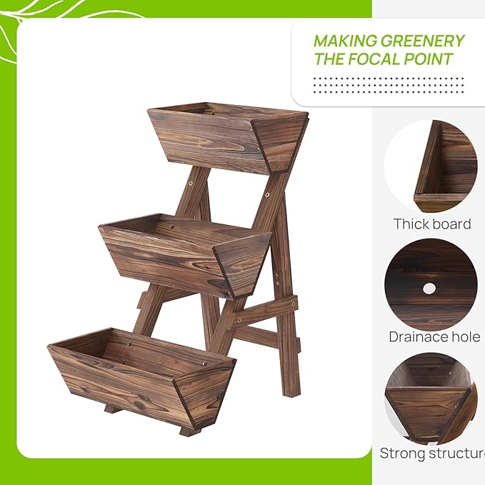 3-Tiers Wooden Raised Garden Bed Tiered Planter Box Flower Pots Vertical Garden Planter Wood Plant Stand Planter Kit for Vegetables Flowers Herbs for Patio Balcony Freestanding (Carbonized S)