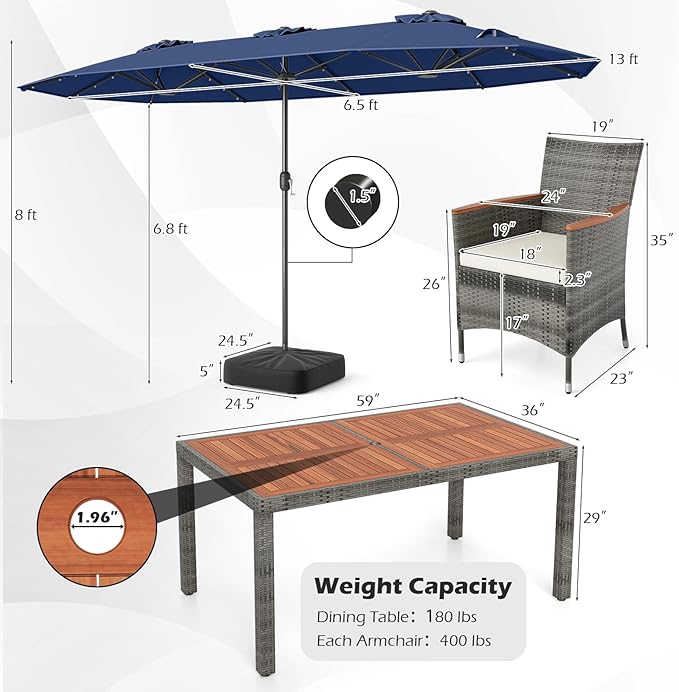Tangkula 9 Pieces Rattan Outdoor Dining Set with 13Ft Solar Patio Umbrella for 6, Outdoor Wicker Table Set with 8 Cushioned Chairs, Acacia Wood Top, Outdoor Umbrella with Base Included
