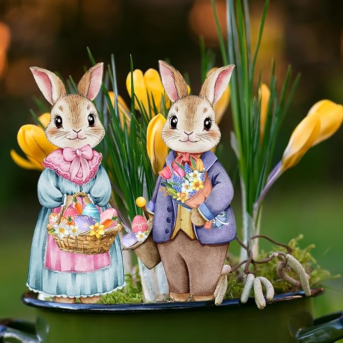 Fairy Garden Stake Decor, Acrylic 2D Garden Fairy Decoration, Fairy Garden Accessories for Outdoor Indoor Yard Lawn Pot Plants (Flower Picking Rabbit)