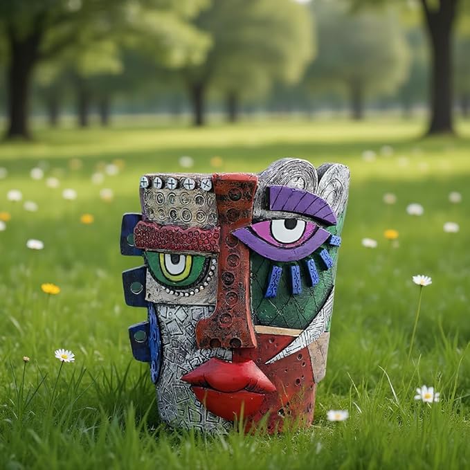 Picasso Abstract Face Flower Pot,Unique Resin Crafted Planter with Drainage Holes,Interesting Colorful Planter with Human face,for Indoor and Outdoor Botanical Home décor (Serious)