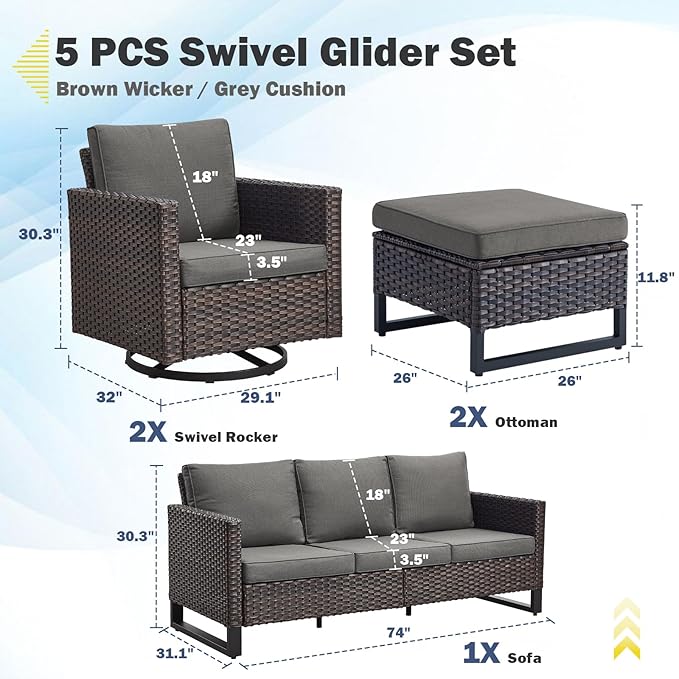 Belord Wicker Patio Furniture 5 Piece Outdoor Sofa Set, Oversize Outdoor Swivel Rocker Chairs with Rattan Ottomans, Conversation Sets Patio Furniture Come with Removable Cushion Grey, Anti-Rust Frame