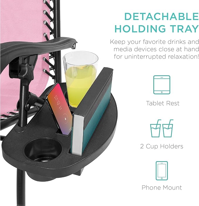 Best Choice Products Set of 2 Adjustable Steel Mesh Zero Gravity Lounge Chair Recliners w/Pillows and Cup Holder Trays - Bubblegum Pink/Black