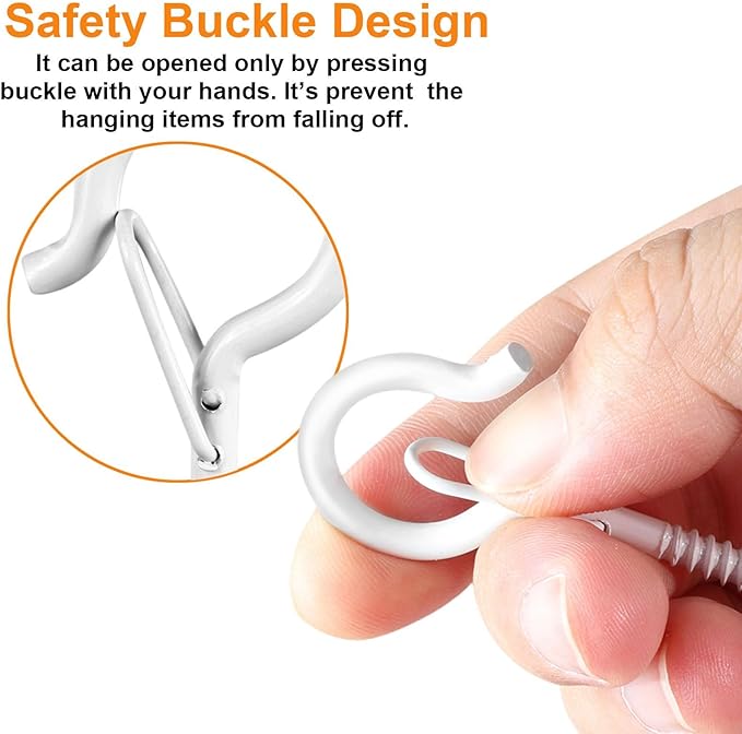 48 PCS Q-Hanger Hooks, Screw Hooks for Outdoor String Lights, Safety Buckle Design Cup Eye Hook for Hanging Christmas Lights, Plants, Mounted on Wall Ceiling, Include 1 Wing Nut Driver, White