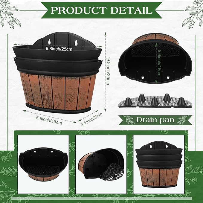 Layhit 6 Pcs Wall Hanging Planters Outdoor Pot Planter Wine Barrel Planter Distressed Oak Thickened Plastic Water Storage Flower Pots for Flower Indoor Outdoor(10 Inches,Brown)