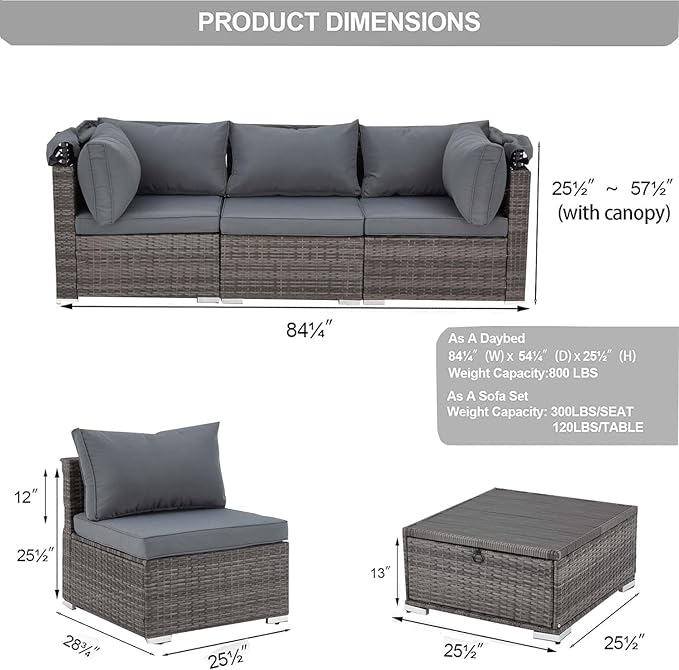 HOMREST 6 Pieces Patio Furniture Sets, Outdoor Daybed with Canopy, Rattan Outdoor Sectional Sofa Set with Adjustable Backrest, Chaise Chair Sunbed for Garden Poolside Backyard（Gray）