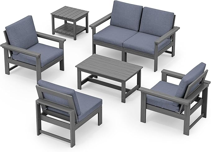 SERWALL HDPE Patio Furniture Set, 7-piece Outdoor Sectional Sofa Set, All Weather Outdoor Couch Set for Deck, Lawn, Grey Frame with Grey Cushion