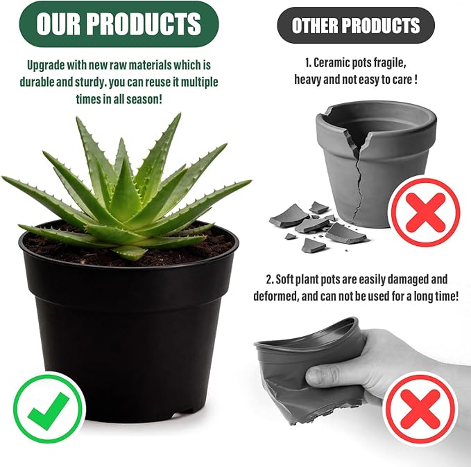50 Pack 6 Inch Nursery Pots, Plastic Flower Pots, Thick Plant Pots with Drainage Hole for Planting Outdoor/Indoor Plants Succulent Herb (Black)