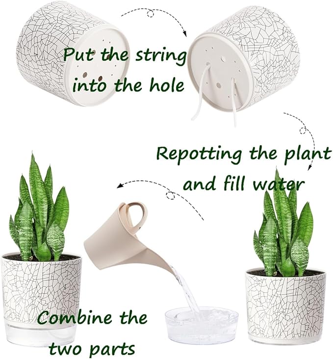 Self Watering Pots for Indoor Plants, Flower Pots, Self Watering Plant Pot-2pcs 4+5.3inch Crack Texture