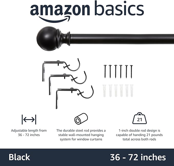Amazon Basics Adjustable Curtain Rod for Windows, Round Finials, Easy Installation, Sturdy, 1-Inch Rod, 36" to 72", Black, 2-Pack